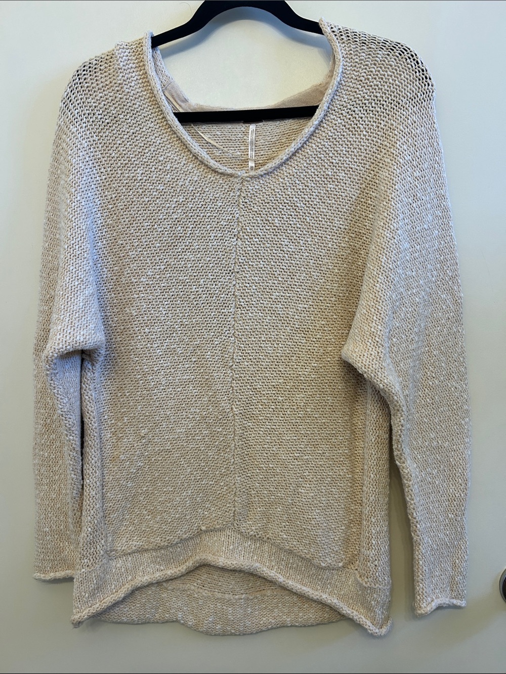 Free People Lightweight Open-Weave Scoop Neck Sweater in Light Beige
